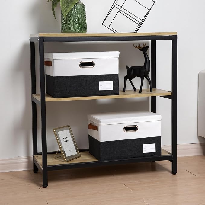 Foldable Storage Bins with Lids [3-Pack] Fabric Collapsible Storage Boxes Baskets Cubes Containers with Handles for Closet Living Room Bedroom (Black & White 14.9x9.8x9.8'') - Image 2
