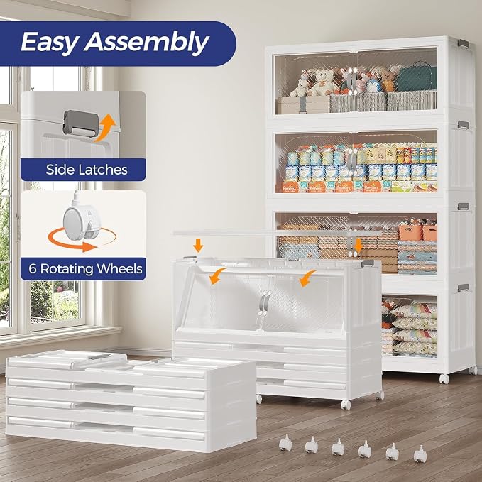 1200QT Extra Large Stackable Storage Bins with Lid, 300Gal Plastic Closet Organizers and Storage Drawer, Collapsible Cabinet Box with Wheels Clear Doors for Home Kitchen Garage, 5Pack White - Image 6