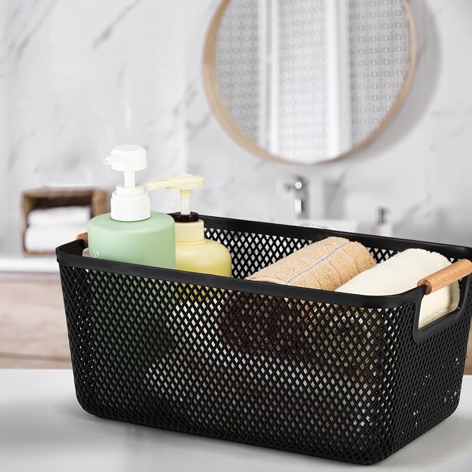 Tioncy 4 Pcs Plastic Mesh Baskets with Wood Handle Woven Mesh Storage Organizer Bins Multi-function Rectangle Baskets for Home Pantries Shelves Closet Kitchens Bedrooms(13.98 x 9.02 x 6.38 Inches) - Image 5