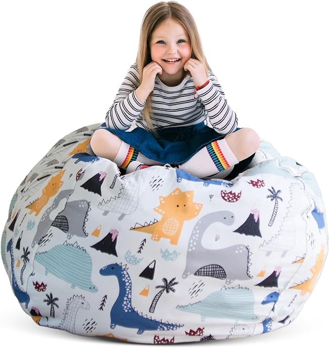 Stuff ’n Sit Extra Large 38’’ Bean Bag Storage Cover for Stuffed Animals & Toys, Giant Beanbag Chair for Kids Ages 3-14, Bedroom Organizer, Dinosaur by CreativeQT