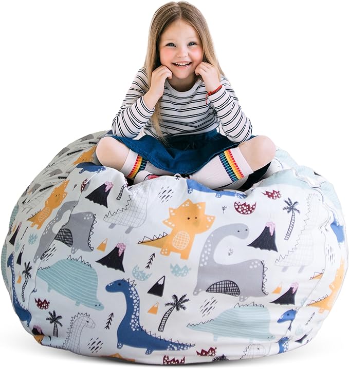 Stuff ’n Sit Large 33’’ Bean Bag Storage Cover for Stuffed Animals & Toys, Giant Beanbag Chair for Kids Ages 3-14, Bedroom Organizer, Dinosaur by CreativeQT