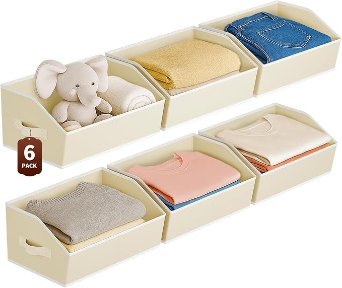 Large Closet Organizers and Storage Bins - 6 Pack Trapezoid Storage Baskets for Shelves, Foldable Fabric Baskets with Handles Ideal for Closet, Basket, Wardrobe and Shelf Storage, Beige by Homsorout