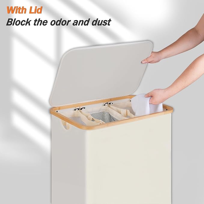 efluky Laundry Hamper with Lid, Trio Laundry Basket with 2 Removable Bags, 3 Section Laundry Bin with Bamboo Handles for Bathroom, Bedroom & Laundry Room, 160L (42.3 Gallon) Beige - Image 3