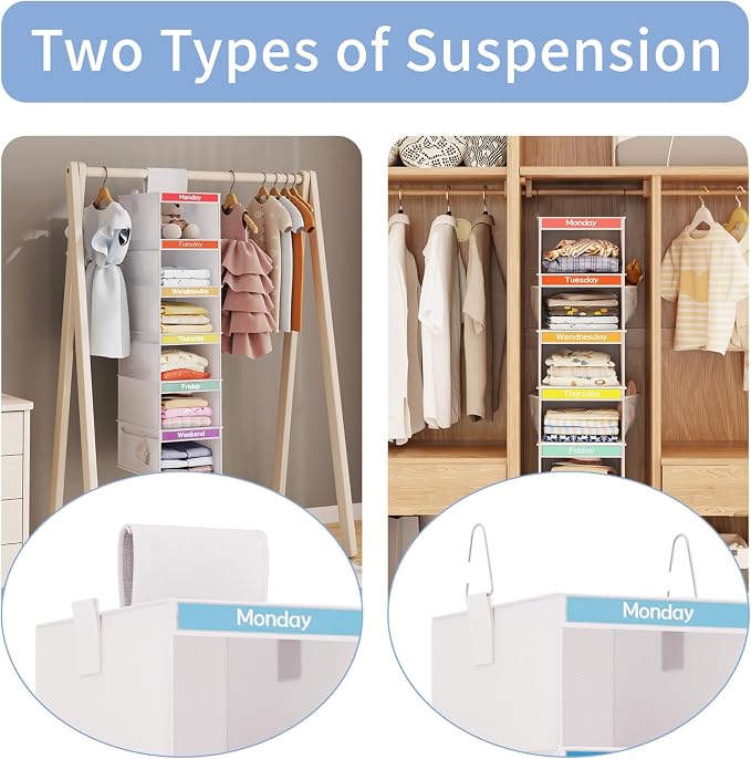 Fixwal Weekly Kids Clothes Organizer 2 Pack 6-Shelf Hanging Storage | Nonwoven Fabric, 6 Daily Shelves, 6 Mesh Side Pockets, 2 Metal Hooks, Foldable Design, for Kids Outfits and Accessories - Image 4
