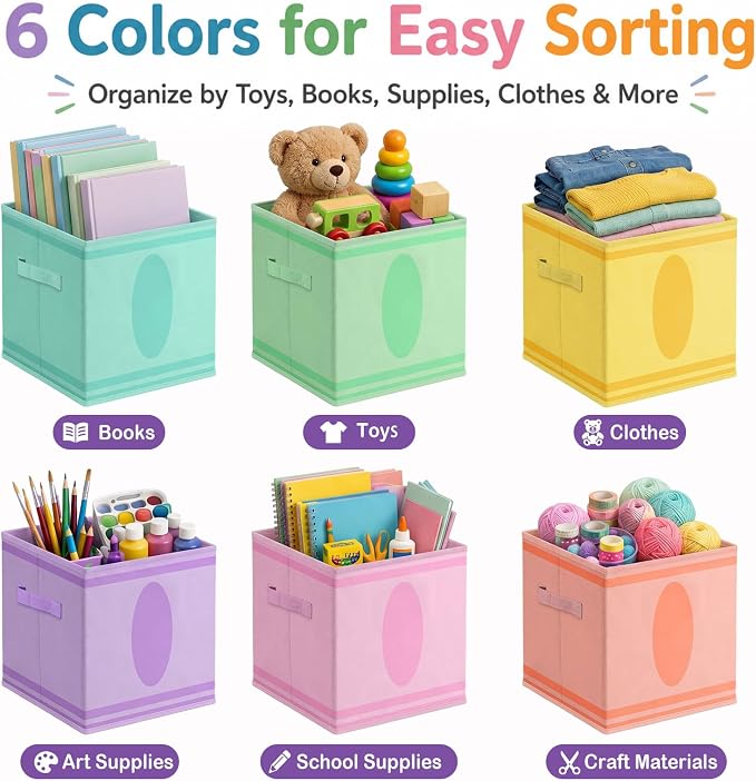 Glooglitter 6 Pack 11 Inch Crayon Fabric Storage Cube with Handles Pastel Collapsible Bin Classroom Must Have Foldable Colorful Closet Bin Basket for Nursery Classroom School Playroom Shelves - Image 5