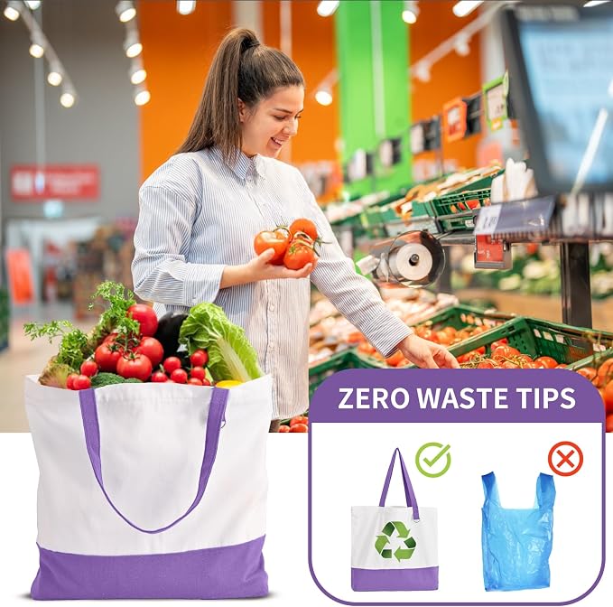 1 Pack Canvas Tote Bag with Zipper, Large Blank Grocery Tote, Purple | Reusable, washable, inner pocket, flat bottom, sturdy handle, for sublimation DIY/transfer, travel/beach/gift/Christmas craft - Image 6