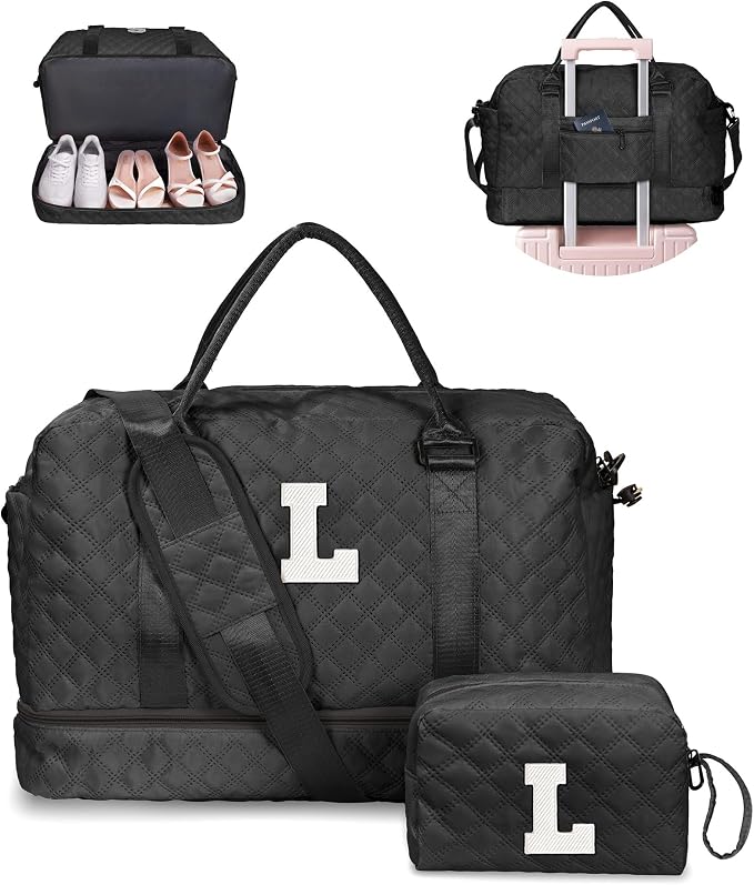 Graduation Gift for Girls-Initial Duffle Bag with Shoe Compartment | Personalized Weekender Bag, Monogram Overnight Bags, Letter Travel Bags with Makeup bag, Bride Gifts for Women (Letter L) by Vogewood