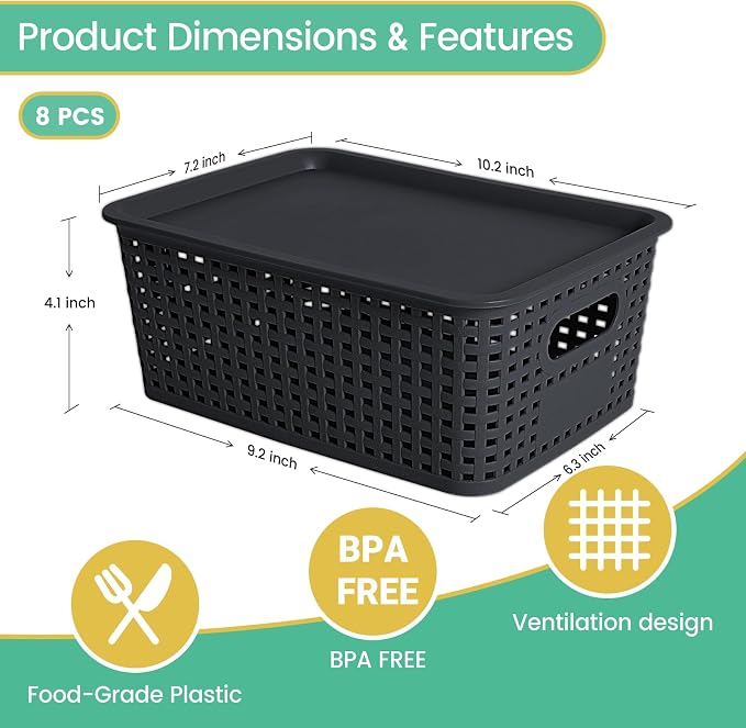 Ohmlove 8 Pack Plastic Storage Baskets with Lids for Organization | Stackable Storage bins, Storages Baskets for Organizing Shelves Drawers Desktop Closet Playroom Classroom Office, Black - Image 2