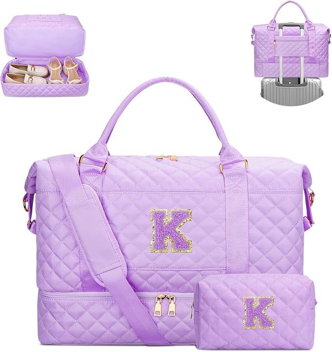 Bridesmaid Gifts Quilted Duffle Bag with Makeup Bag(Purple,K) | Birthday Gifts for Teen Girls-Overnight Bags with Toiletry Bag-Dance Bag with Shoe Compartment by Unknown