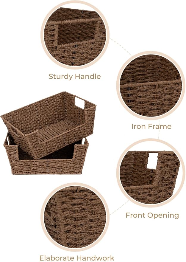 StorageWorks Pantry Baskets for Shelves, Wicker Baskets, Brown Paper Rope | Pantry Baskets for Patato and Onion Storage, Stackable Wicker Basket Organizer for Shelf, Woven Basket for Storage, 2-Pack - Image 4