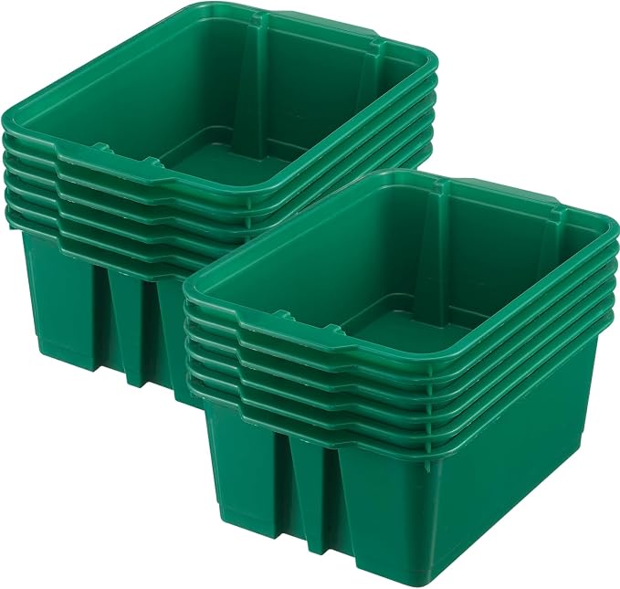 Really Good Stuff Stacking Bins, 14" x 10" x 5.75"-12-Pack, Green | Stackable Storage Plastic Bins for Classroom Organization, Home Storage, Office & Hospital Supplies by ReallyGoodStuff