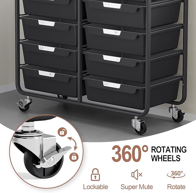 10 Drawers Rolling Cart with Wooden Tabletop, Utility Storage Cart with Wheels, Art Supply Craft Organizer on Wheel with Metal Frame & Handles for Home Office School,Black | Easy Setup, Large Capacity, Sturdy Build, Lockable Mobility, For office, class... - Image 6