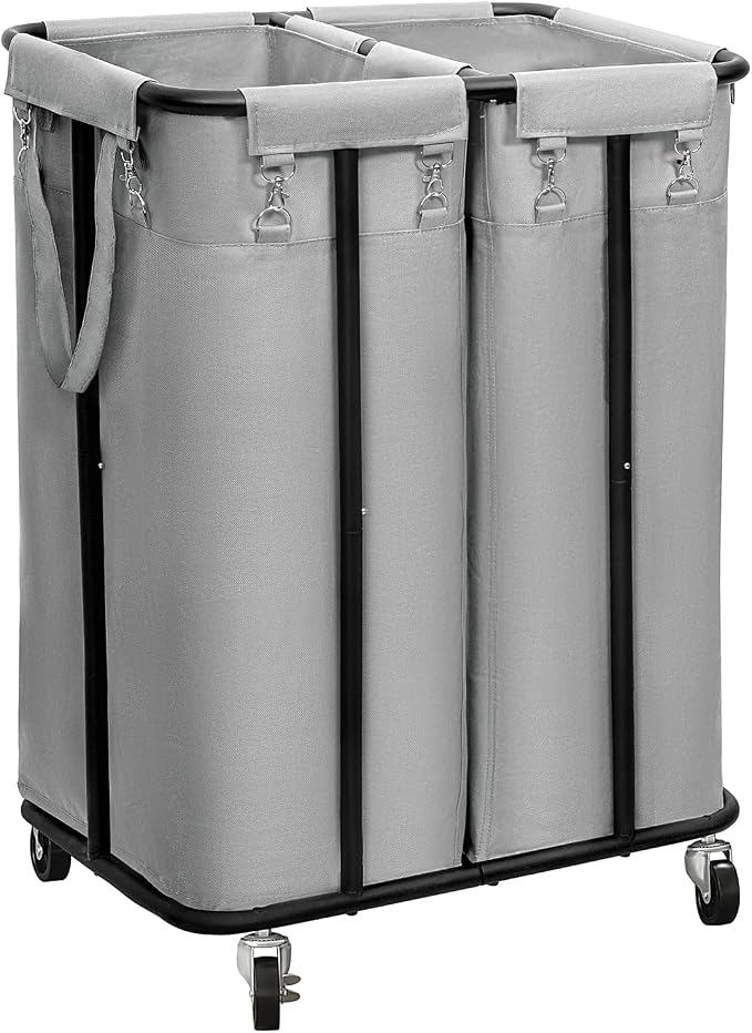 WOWLIVE Double Laundry Hamper with Wheels, 170L Rolling Laundry Basket | 2 Section Laundry Hamper, Laundry Cart with Steel Frame, Removable Bags, Large Dirty Clothes Hamper Dorm Room Storage, Grey by WOWLIVE