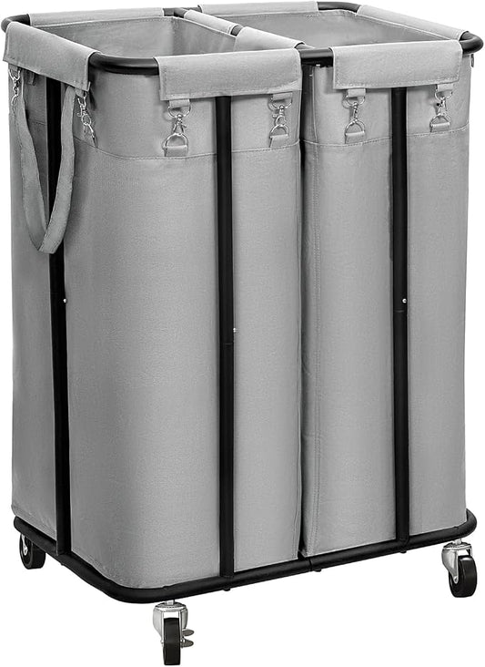 WOWLIVE Double Laundry Hamper with Wheels, 170L Rolling Laundry Basket | 2 Section Laundry Hamper, Laundry Cart with Steel Frame, Removable Bags, Large Dirty Clothes Hamper Dorm Room Storage, Grey by WOWLIVE