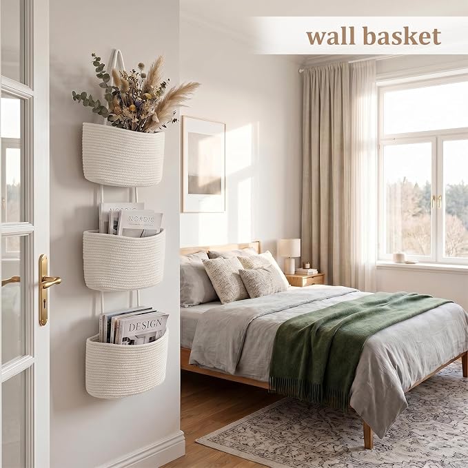 TeoKJ Over the Door Hanging Basket, 3-Tier Woven Cotton Wall-Mounted Storage Organizer Bag Decorative Hanging Nursery Baskets, White - Image 3