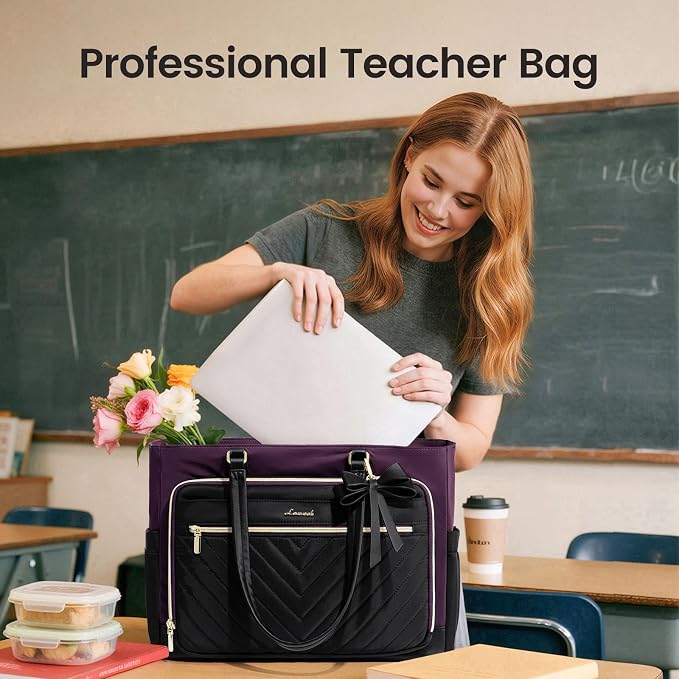 LOVEVOOK Laptop Tote Bag for Women, Work Bag Teacher Tote with Large Cup Holder, Quilted Nurse Diaper Bag for Travel, Computer Women's handbags for Teacher gift, Black-Purple, 17.3 Inch - Image 2