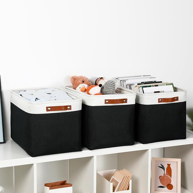DULLEMELO Large Storage Baskets Fabric Storage Bins, Canvas Storage Basket for Shelf Toys, Decorative Large Storage Bins with Handle for Baby Gift(White&Black) - Image 3