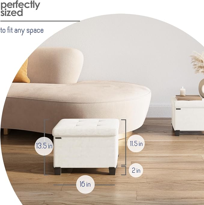 Storage Ottoman Cube with Small Bin, 16-in Square Ottoman with Storage for Living Room and Bedroom, Small Ottomans Foot Rest, Velvet Foot Stools Ottomans Max 330lbs, Cream - Image 9