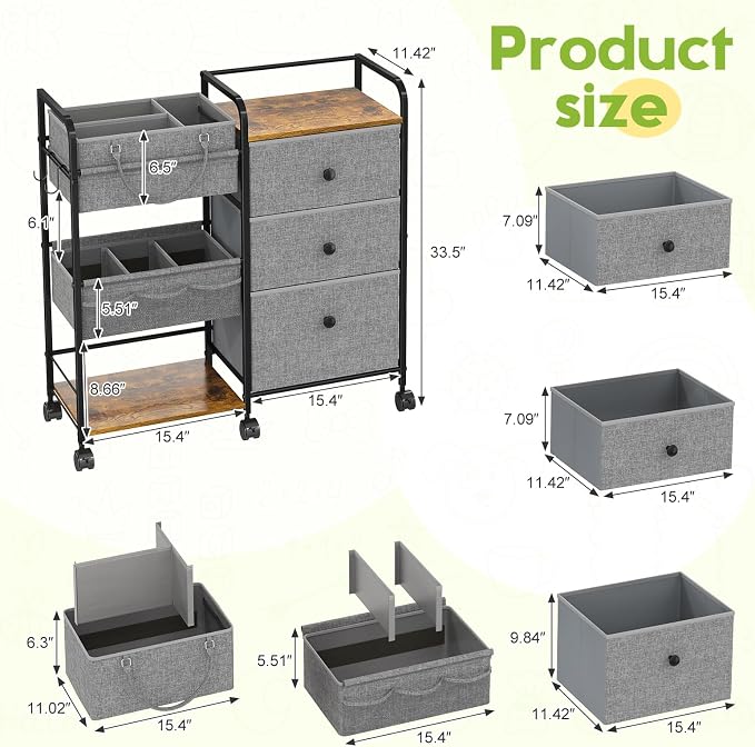 Cidaziya 2In1 Baby Diaper Caddy Organizer and Storage, 3 Tier Rolling Cart with Dividers and Drawers, Mobile Utility Cart Baby Dresser Clothes Organizer for Changing Table, Crib Nursery, Bedroom, Grey - Image 7
