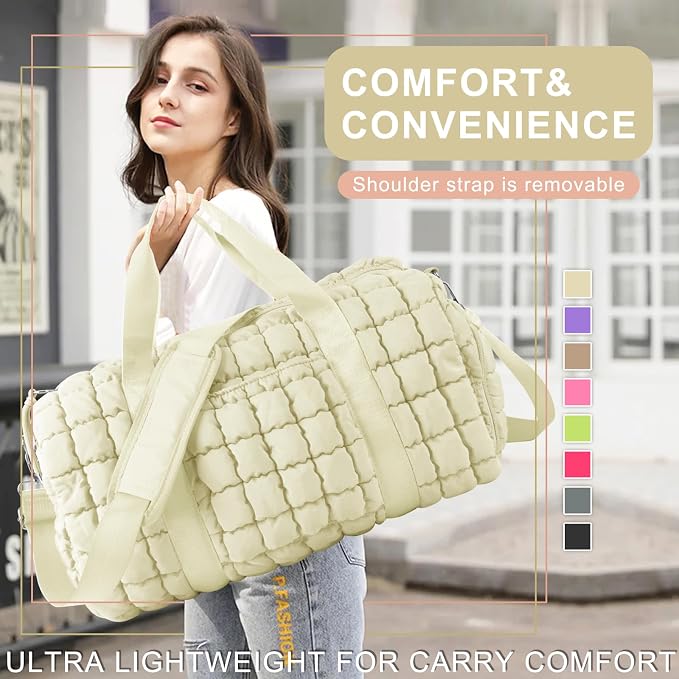 Quilted Travel Duffle Bag Gym Bag for Women,Large Puffer Duffle Weekender Bag with Compartment,Workout Overnight Carry on Organizer Bag Duffle Bag for Airplane Travel(L-Off-white) - Image 7