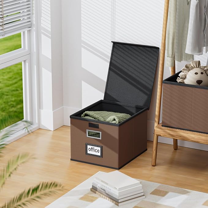 File Organizer Box with Lids, Collapsible File Folder Organizer | File Box with Plastic Slides for Document, Filing Bin for Letter Size Hanging File Folders (4 Pack, Dark Brown, Leather) - Image 4