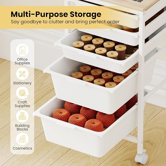 Rolling Storage Cart with 5 Drawers, Plastic Craft Organizer on Wheels with Wooden Top, Mobile Art Supply Utility Cart for Classroom, Home, Office - Image 4