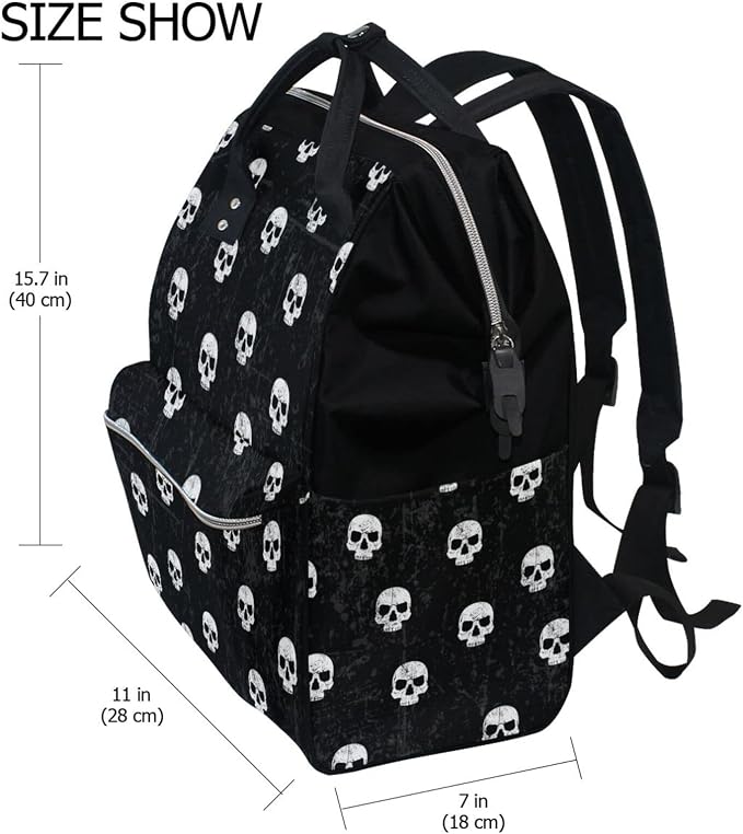 Large Capacity Baby Diaper Bag Black White Skulls Pattern Durable Multi Function Travel Backpack - Image 2