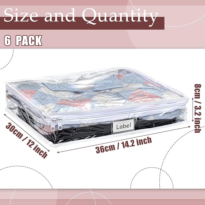 6pcs Clear Zippered Storage Bag Plastic Individual Sweater Storage Bag with Zipper Label Closet Clothing Organizer for Blanket Clothes Bed Sheet Comforter Quilt Pillow(14.2 x 12 x 3.2 Inch) - Image 2