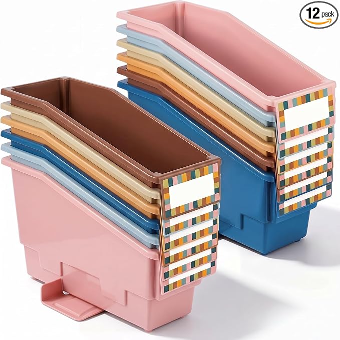 Geetery 12 Pack Non-Tip Book Bins with Stabilizer Wings Multicolor Plastic Storage Organizers Color Code Organization for Home Office Desktop Library Shelves Document Magazine File Holder (Boho) by Geetery