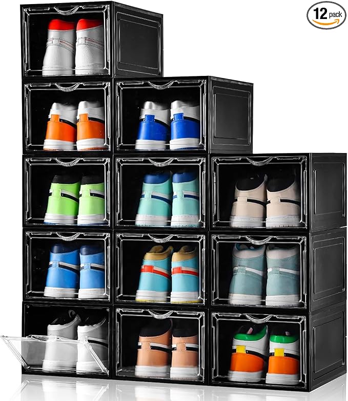 Clemate Upgraded X-Large Shoe Storage Box,12 Pack,Shoe Box Clear Plastic Stackable,Drop Front Shoe Box with Clear Door,Shoe Organizer Containers For Sneaker Display,Fit up to US Size12, Black by Clemate