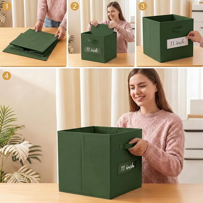 Storage Bins,11 Inch Cube Storage Bin with Labels,6pcs,Dark Green | Fabric Storage Cubes for Shelves,11 Inch storage cube bins with 6 Labels Window Cards & a Pen. - Image 5
