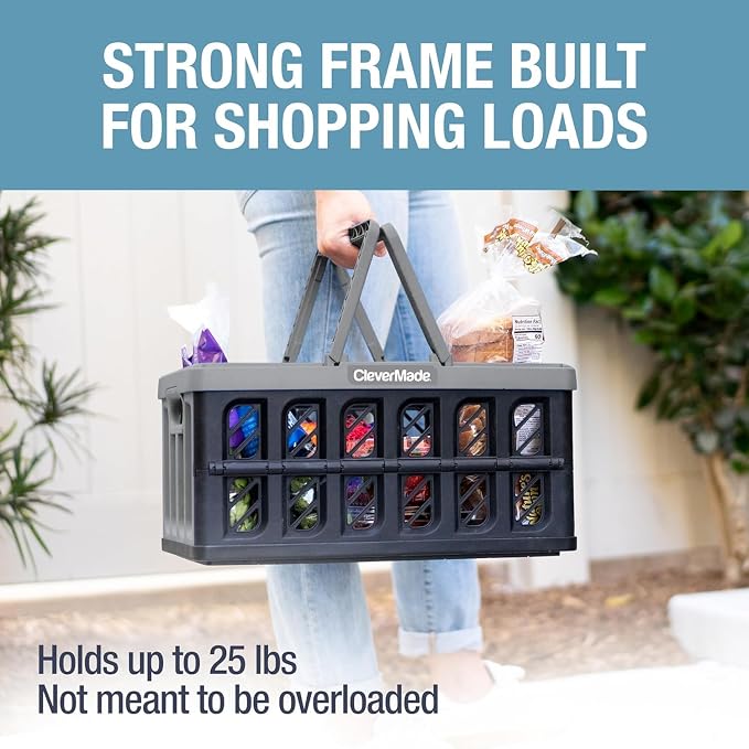 CleverMade Collapsible Shopping Basket, 24L Storage Crate, 1 Pack, Stone | Keep Groceries Upright in the Car | Rigid Walls Carry 25 lb Each, Stack Securely, and Fold to 2.25 Inches for Storage - Image 2