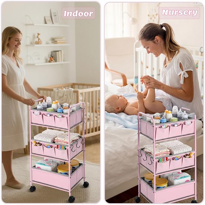 WILLBOND 3 Tier Pink Baby Diaper Caddy Organizer Cart with 4+3 Dividers Large Capacity Metal Utility Bedside Rolling Cart Newborn Registry Nursery Essential Must Have Crib Bedroom Baby Shower - Image 4