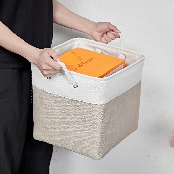 13 Inch 6 Pack Foldable Fabric Storage Cubes with Handles | Home Cube Storage Basket,Large Cube Storage Bins,Closet Storage, Home Organizer(White&Beige) - Image 6