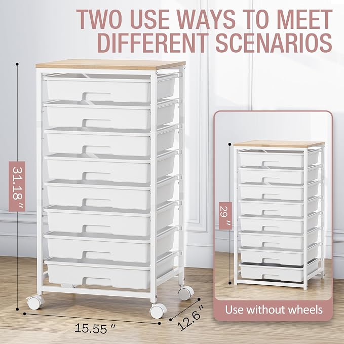TOOLF Rolling Storage Cart with 8 Drawers,White | Utility Cart on Wheels with Wooden Tabletop,Teacher Organization for Classroom, Art Cart for Office,Bedroom,Craft Room - Image 3