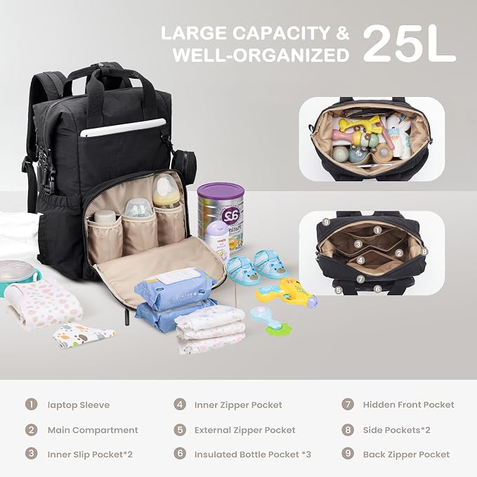 VONAL Diaper Bag Backpack, Lightweight Baby Diaper Bags, Travel Large Diaper Bag with Changing Station, Black Diaper Backpack for Boys Girls Newborn with Insulated Pockets, Stroller Straps - Image 3