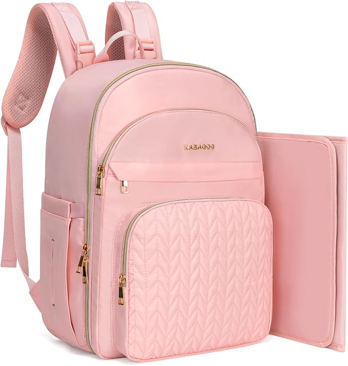 Baby Diaper Bag Backpack, Waterproof Diaper Backpack for Mom & Dad with Changing Pad, Insulated Pockets and Stroller Straps, Baby Shower Gifts for Girls & Boys, Pink by KABAQOO
