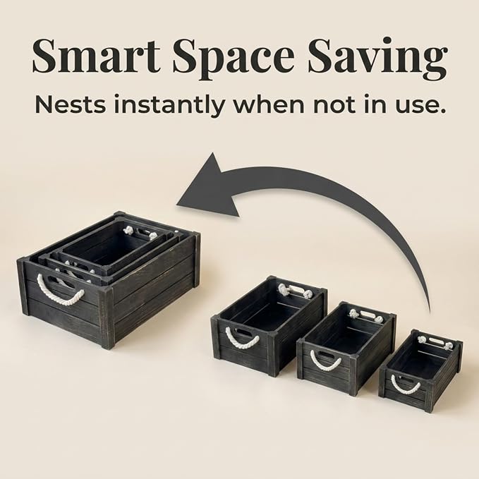 Set of 3 Black Wooden Crates with Rope Handles, Nesting Decor Storage Boxes | Rustic Farmhouse Organizer for Kitchen, Living Room, Bathroom, or Pantry. Nesting Design Keeps Shelves Tidy. - Image 8
