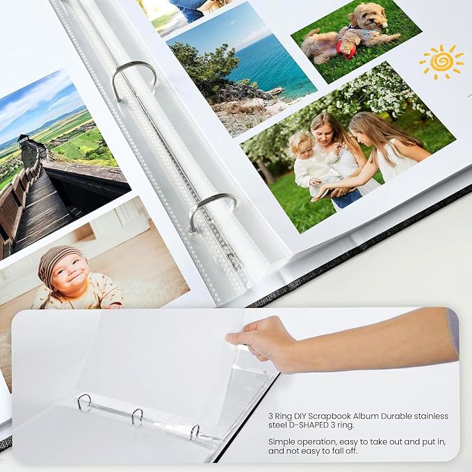 8.5x11 Scrapbook Inch Large 3 Ring DIY Linen Cover Scrap Books with 30 Plastic Sleeves 60 Pages Blank White Inner Pages, 8.5 x 11 Scrapbook Photo Albums for Baby Travel Wedding kids (Black) - Image 4