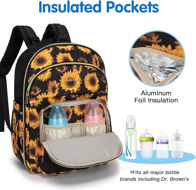 Baby Diaper Bag Backpack, Waterproof Diaper Backpack for Mom & Dad with Changing Pad, Insulated Pockets and Stroller Straps, Baby Shower Gifts for Girls & Boys, Sunflower - Image 3