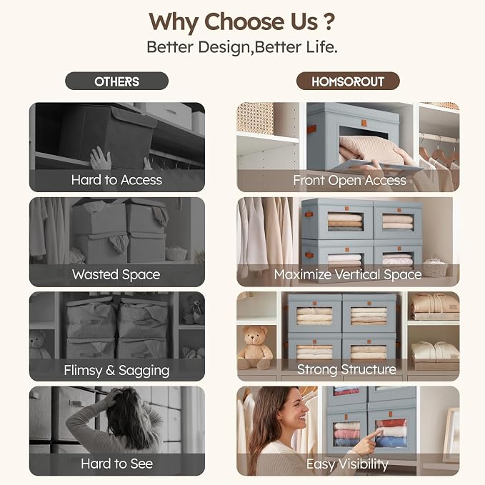 Storage Bins with Lids - Front Opening Storage Box with Clear Window & Handles, Stackable Foldable Fabric Bins for Closet Organization, Clothes, Sweaters, Towels, Blankets, 3 Pack, Grey - Image 7