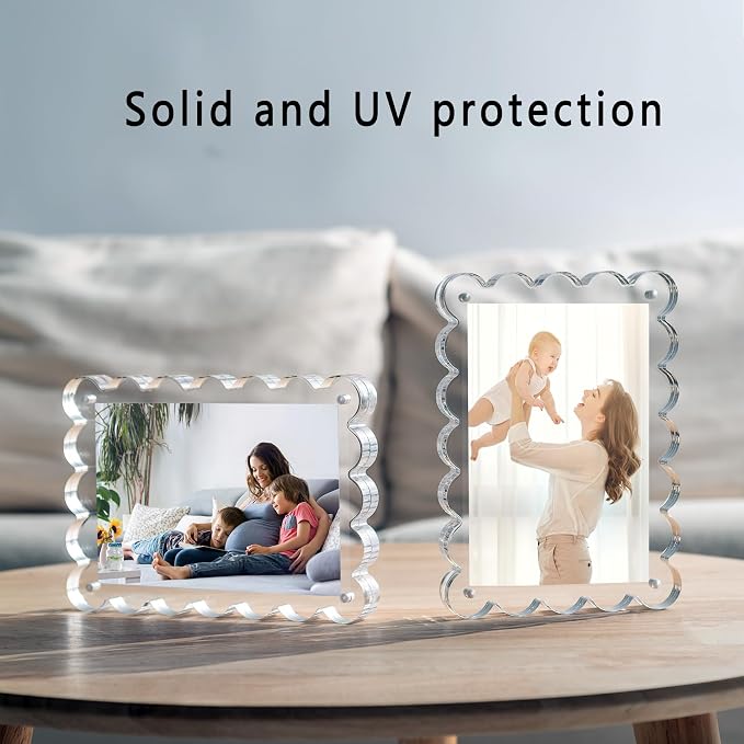 Chivalral 3 Pack 4x6 Acrylic Picture Frame, Double-Sided Tabletop Display | Scalloped Edge Design,10+10mmThick,Magnetic Photo Frames,Horizontal/Vertical,Gift for Birthday Wedding Anniversary,Home decor - Image 4