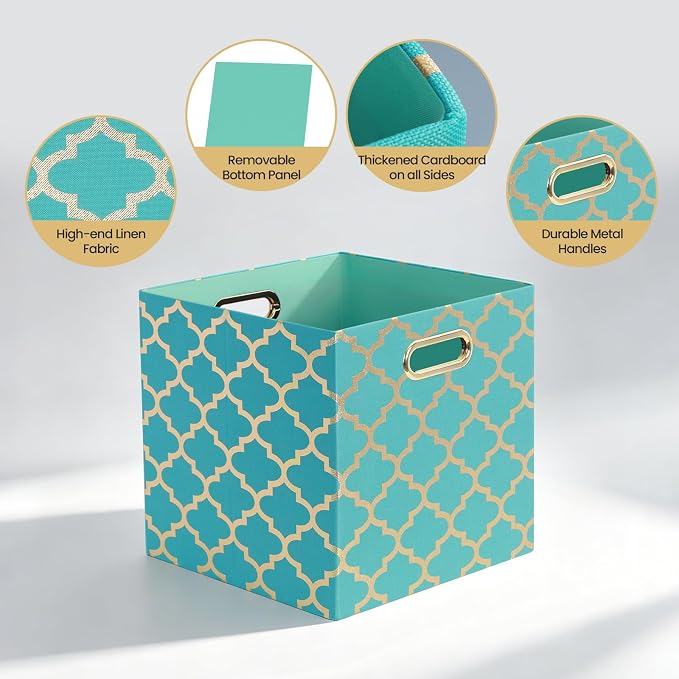 Posprica 11x11x11 Storage Cube Bins, Collapsible Storage Bins Fabric Storage Cubes Organizer Baskets Box Drawers for Shelves, Closet, Wardrobe, Bookshelf, Cabinet, Sky Blue/Gold Lantern, 4 Pack - Image 3
