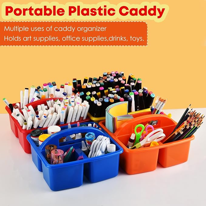 ALINK Plastic Classroom Caddy Organizer with Handle, 6-Pack 4 Compartments | Teacher Supply Storage Caddy for Classroom Organization, Table, Desk, Office, Craft Art for Kids - Assorted Colors - Image 3