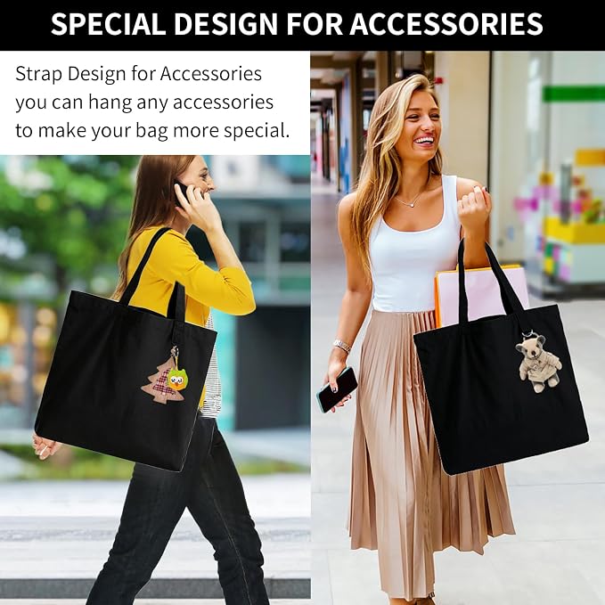 1 Pack Canvas Tote Bag with Zipper, Large Grocery Tote, All Black | Reusable, washable, inner pocket, flat bottom, sturdy handle, for sublimation DIY/transfer, travel/beach/gift/Christmas craft - Image 2