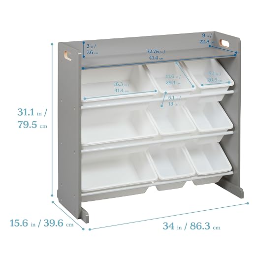 ECR4Kids 3-Tier Organizer with Shelf and 9 Removable Plastic Bins, 3x3, Toy Storage, Grey/White | Durable plastic bins, MDF panels, steel frame, GREENGUARD Gold Certified, 36 lb capacity, anti-tip kit, playroom/classroom - Image 3