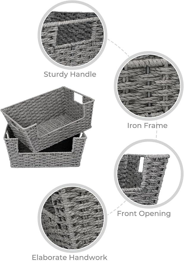 StorageWorks Pantry Baskets for Organizing, Woven Baskets, Round Paper Rope | Pantry Baskets for Patato and Onion Storage, Stackable Wicker Basket Organizer for Shelf, Woven Basket for Storage, 2-Pack - Image 4