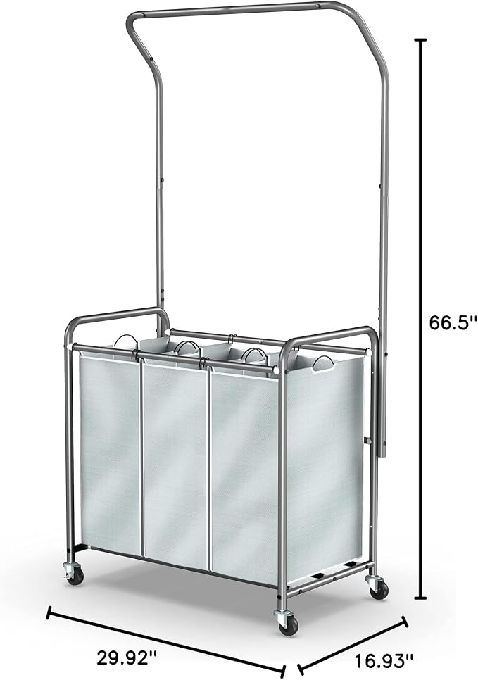 ROMOON Rolling Laundry Basket Organizer with Hanging Clothes Rack: 3 Section Laundry Hamper Sorter with Hanging Bar and Heavy-duty Lockable Wheels - Clothes Rack with Laundry baskets, 2025 Upgrade - Image 3