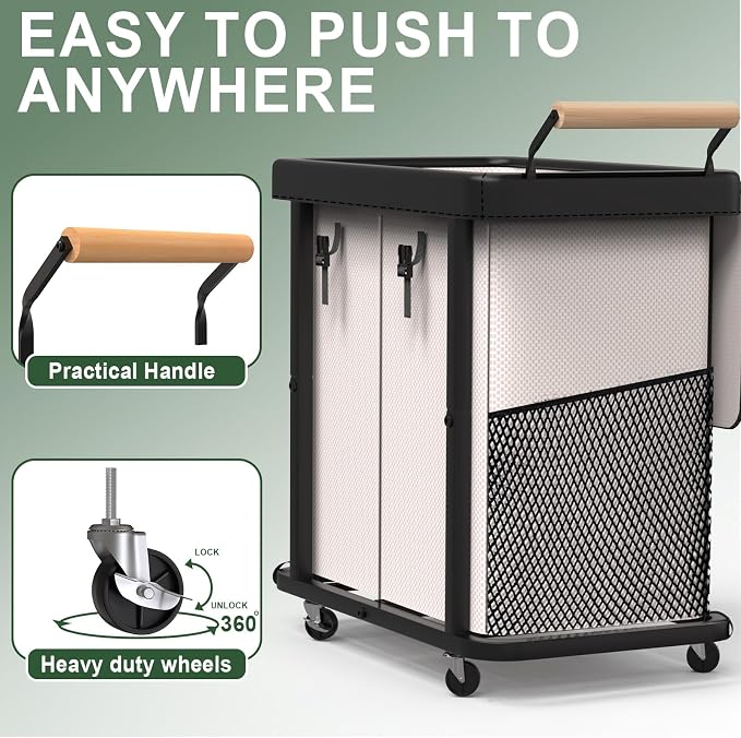 190L (50 Gal) Extra Large Fashion Laundry Hamper 2 Section with Lid, Rolling Laundry Basket Hamper with Handle, Laundry Organizer Storage Cart with Sturdy Metal Frame for Laundry Room, Hotel,White - Image 3