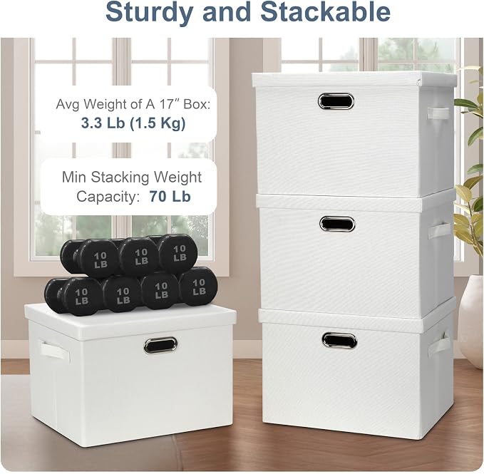 Graciadeco Large 17" 36 Quart Collapsible Stackable Storage Bins with Lids, 5 Packs White Linen Fabric Closet Boxes with Lids, Storage Cube Baskets Container Organizers for Bedroom Office(17 x12 x11) | 36 Quart 5 Pack White Collapsible Stackable Linen ... - Image 4
